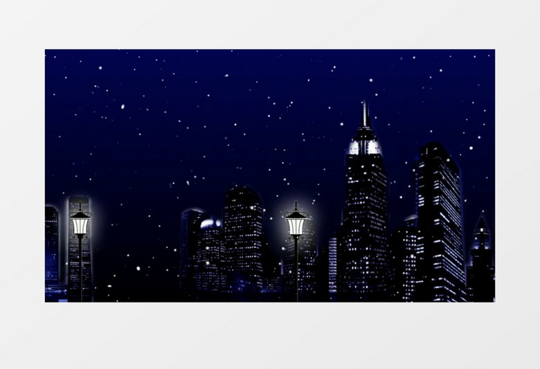都市夜景动态飘雪高楼灯光视频背景素材