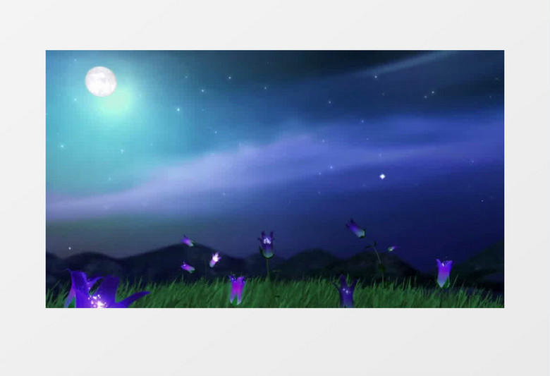 唯美月亮星空夜晚草地荧光花背景视频