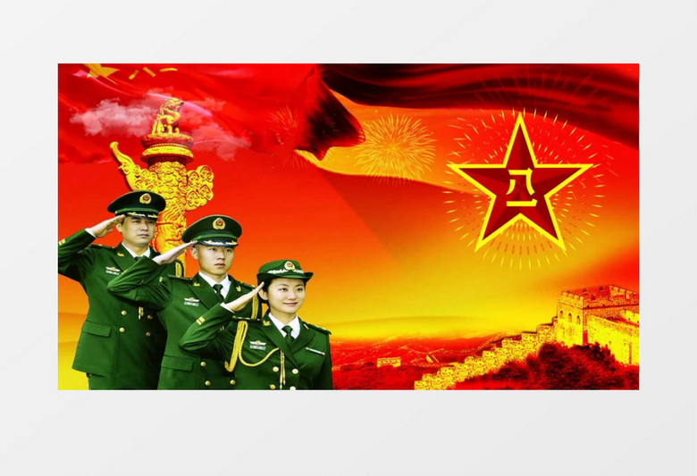 动画动态中国人民解放军军旗飘扬军徽闪烁背景视频素材