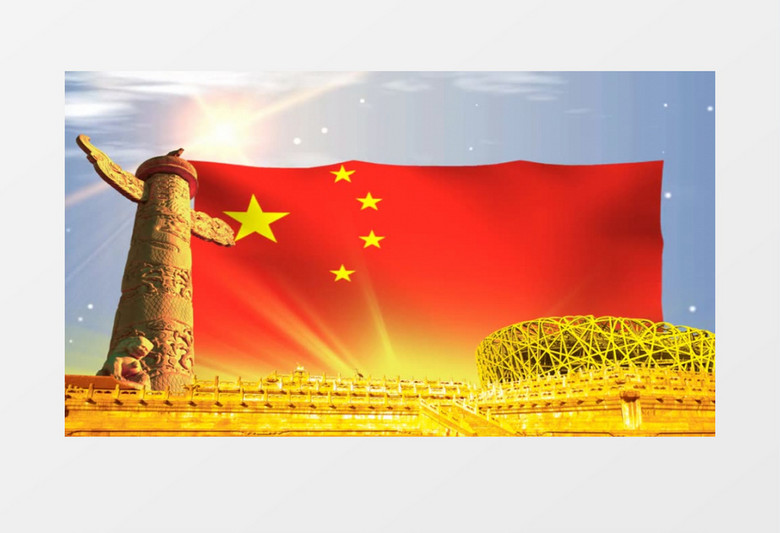 动画动态华表红绸红旗飘扬背景视频素材