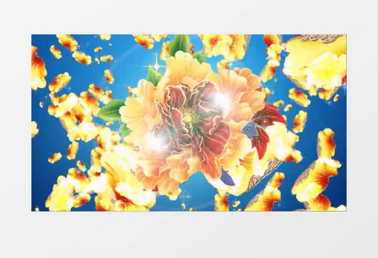 动画动态喜庆金色牡丹民歌民族舞蹈蓝色背景视频素材