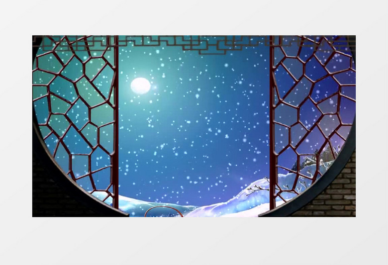 动画动态古窗月光雪景背景视频素材